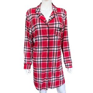 Laura Ashley Red Plaid Button-Up Long Sleeve Nightshirt Womens Size Large